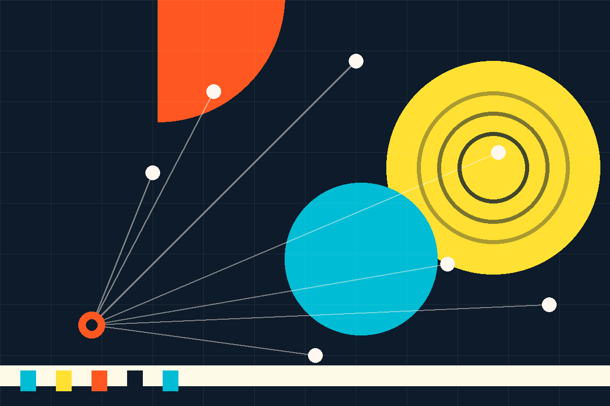Swiss-style abstract graphic of a network hub radiating to nodes and concentric growth rings