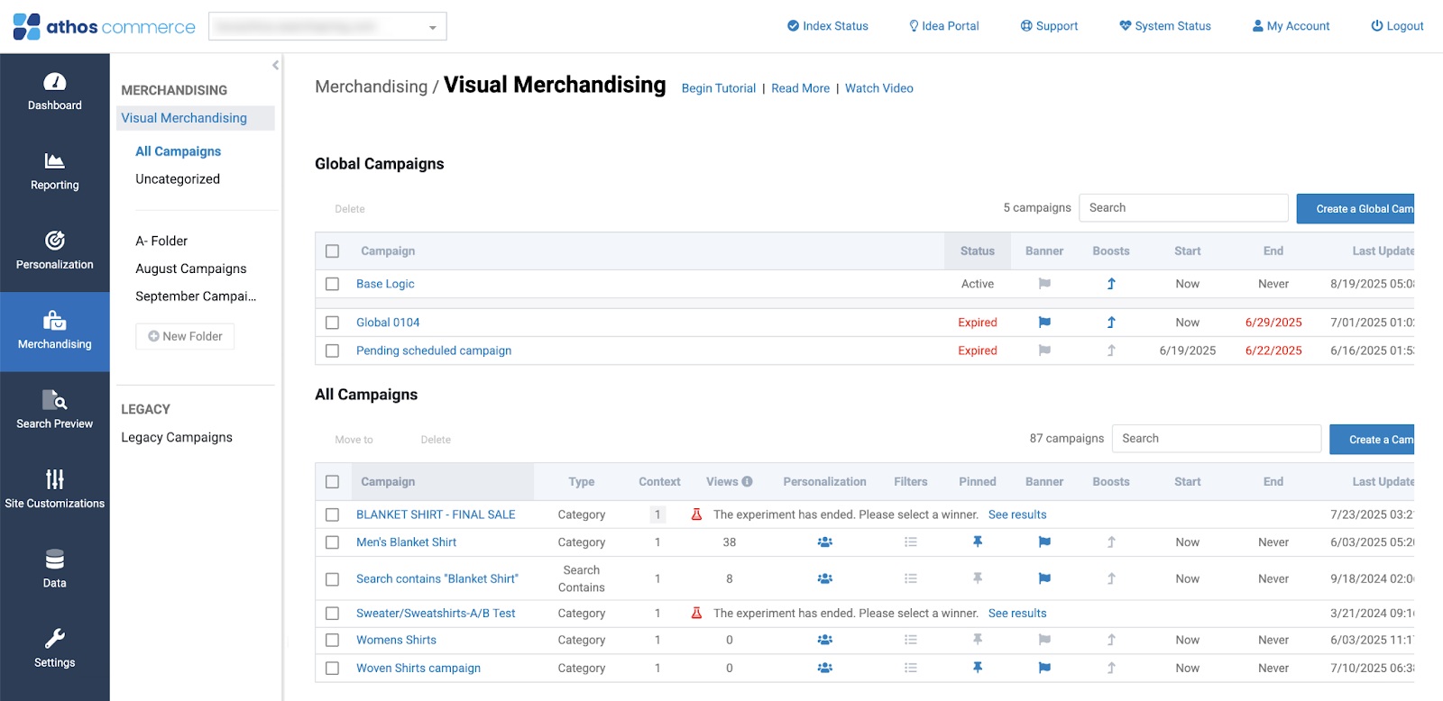 Athos visual merchandising console showing campaigns, schedules, statuses and product placement controls