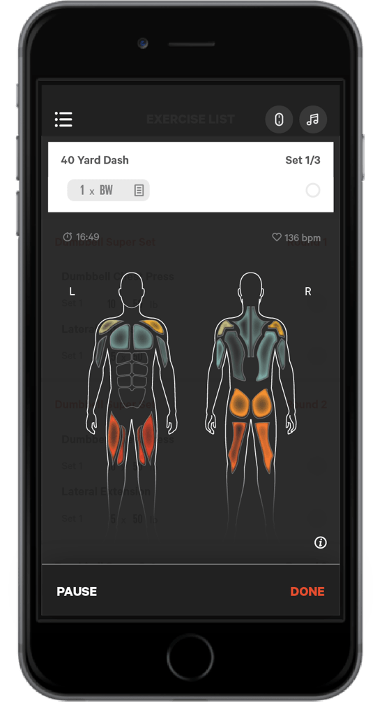 Athos mobile app interface showing muscle activity feedback