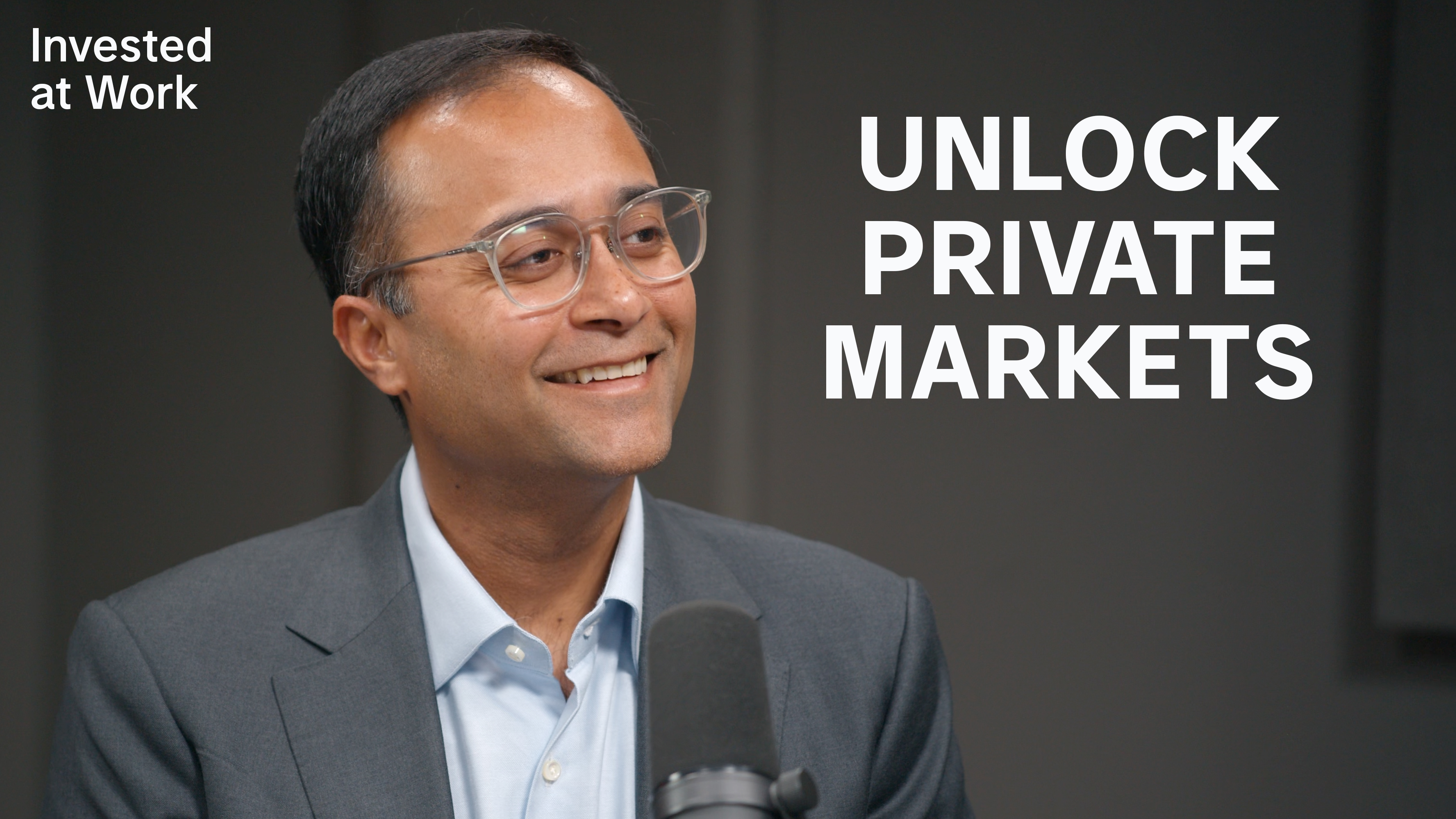 Atish Davda at a microphone in Morgan Stanley’s Invested at Work interview artwork