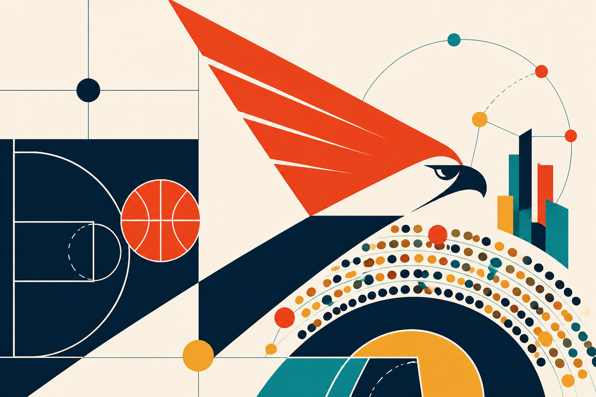 Abstract Swiss-style composition of a basketball court, wing, arena crowd and Atlanta skyline