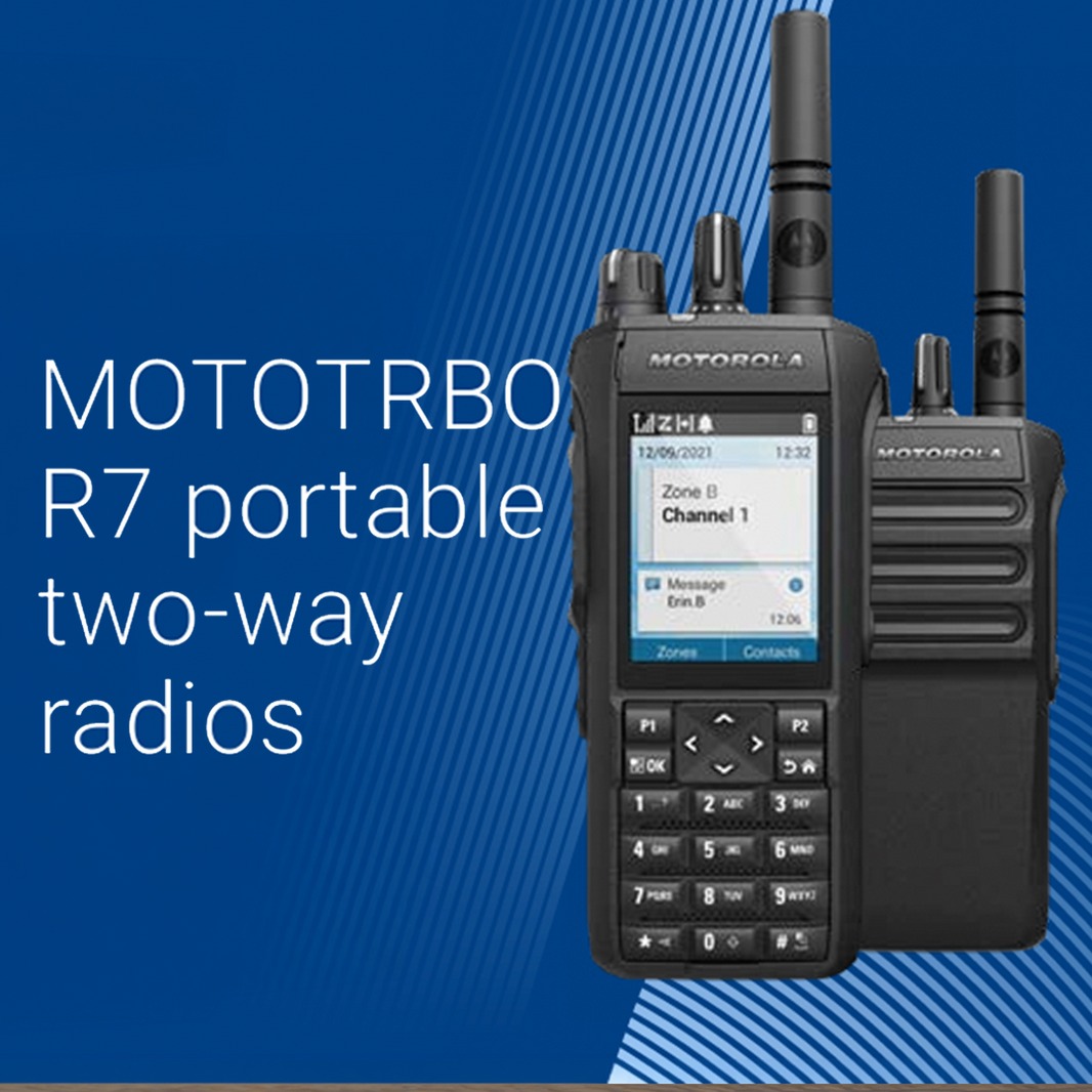 Two Motorola MOTOTRBO R7 portable two-way radios on a blue background