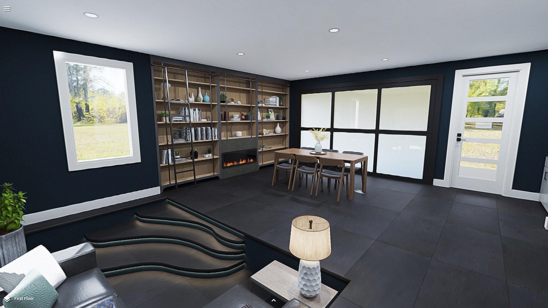 3D visualization of an Atmos-designed home's dark-walled interior
