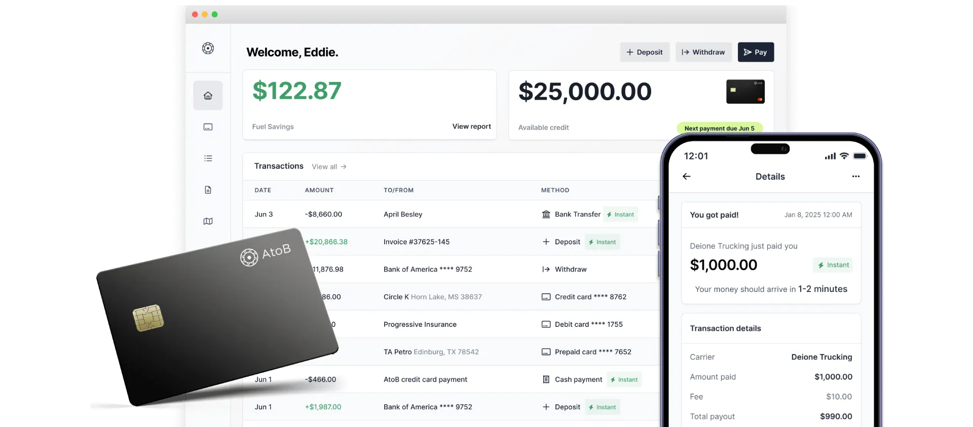 AtoB's dashboard, driver app and fleet card displayed together