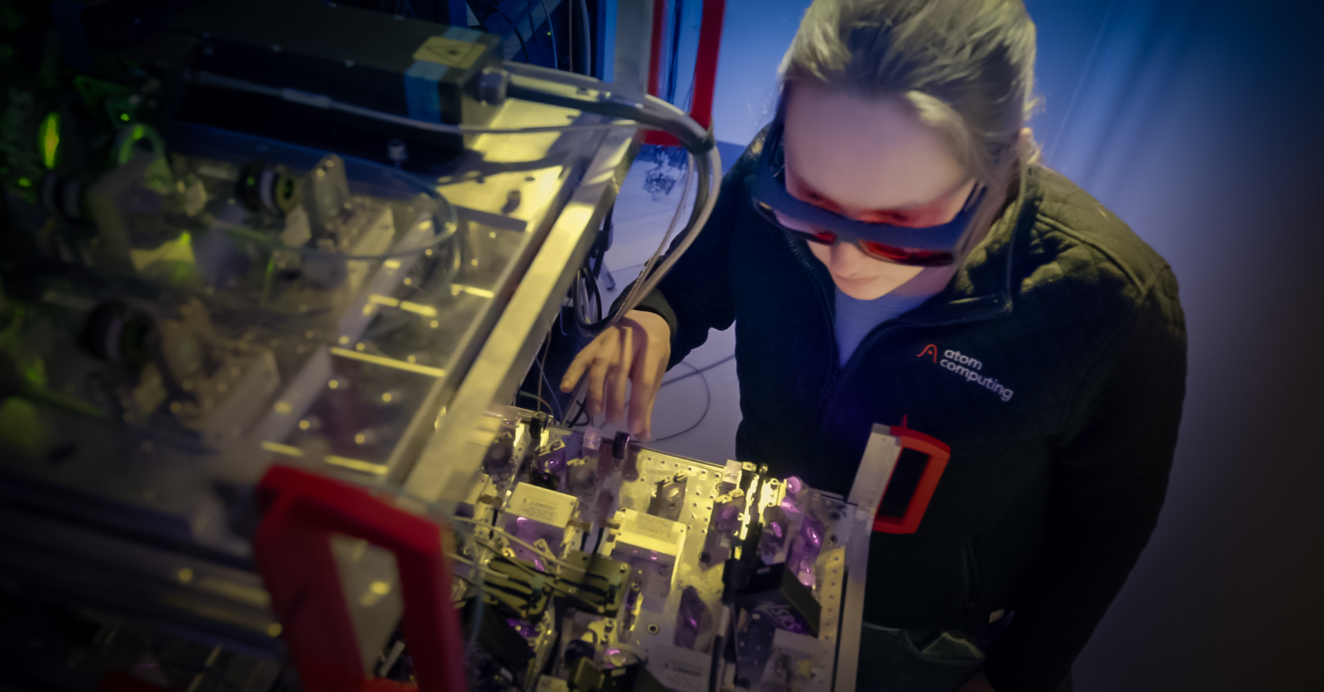 Laser and optical equipment inside Atom Computing's neutral-atom quantum system