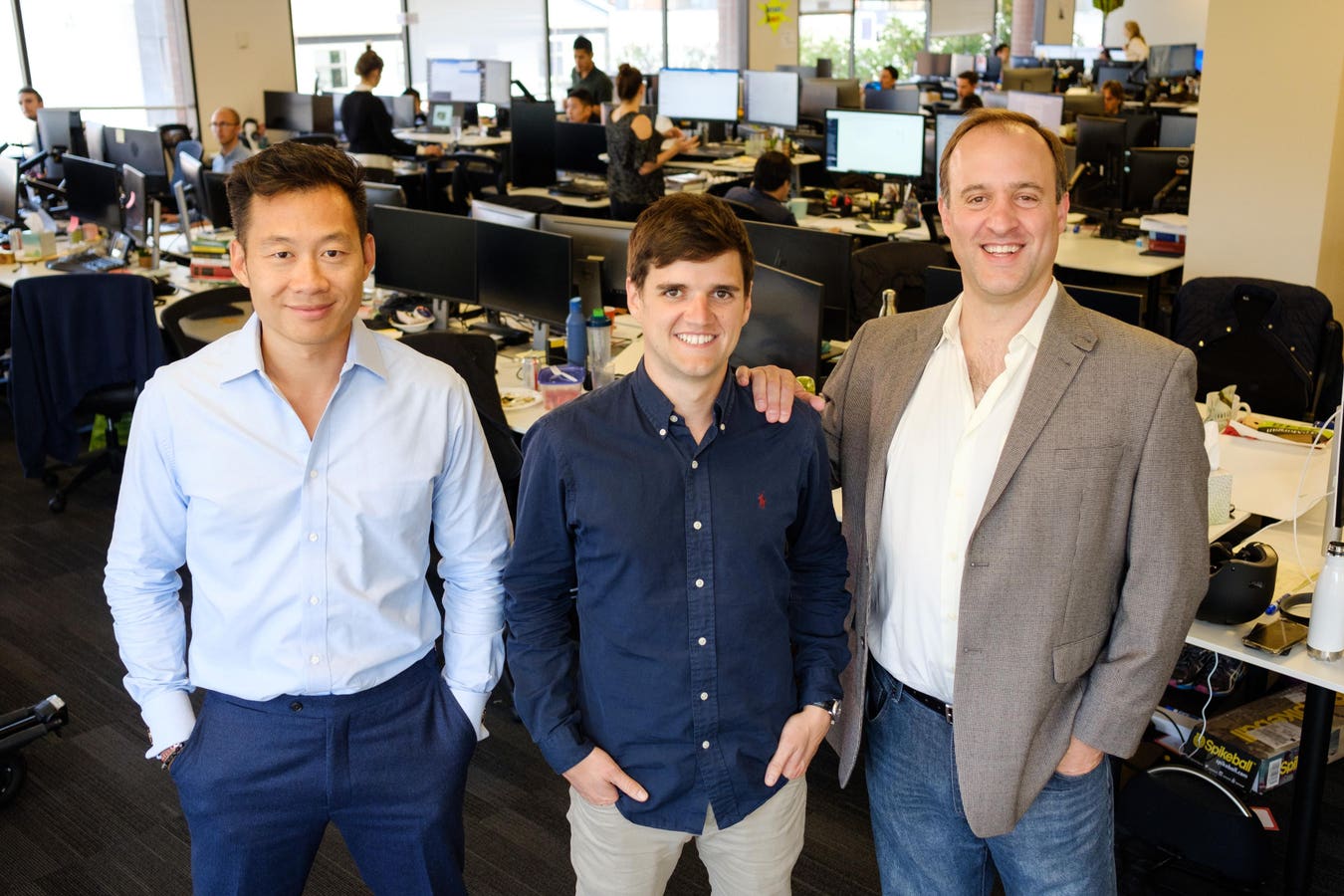 Atrium co-founders Justin Kan, Nick Cortes and Augie Rakow in the company's open-plan office