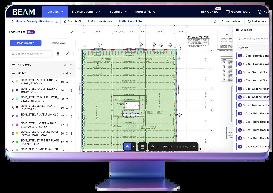 Official Beam AI interface mockup displaying construction takeoff plans and quantities