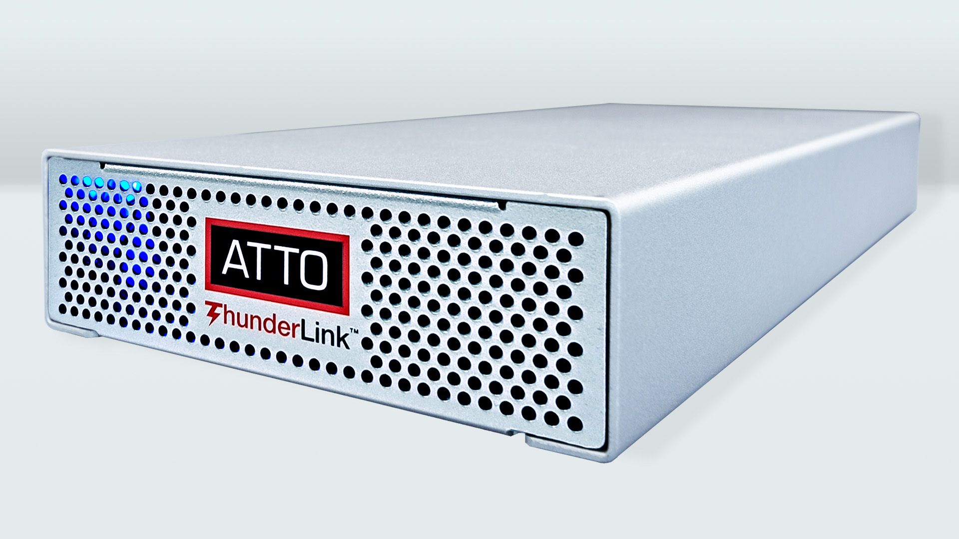 ATTO ThunderLink Thunderbolt 5 adapters beside a workstation