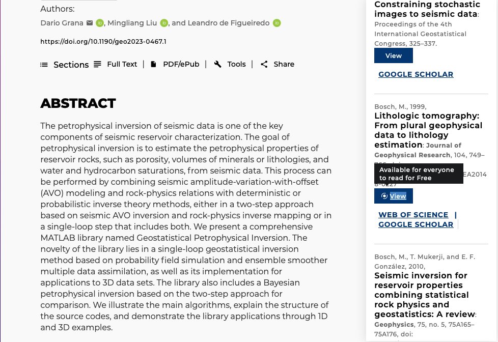 SEG Library article references showing GetFTR indicators for accessible research