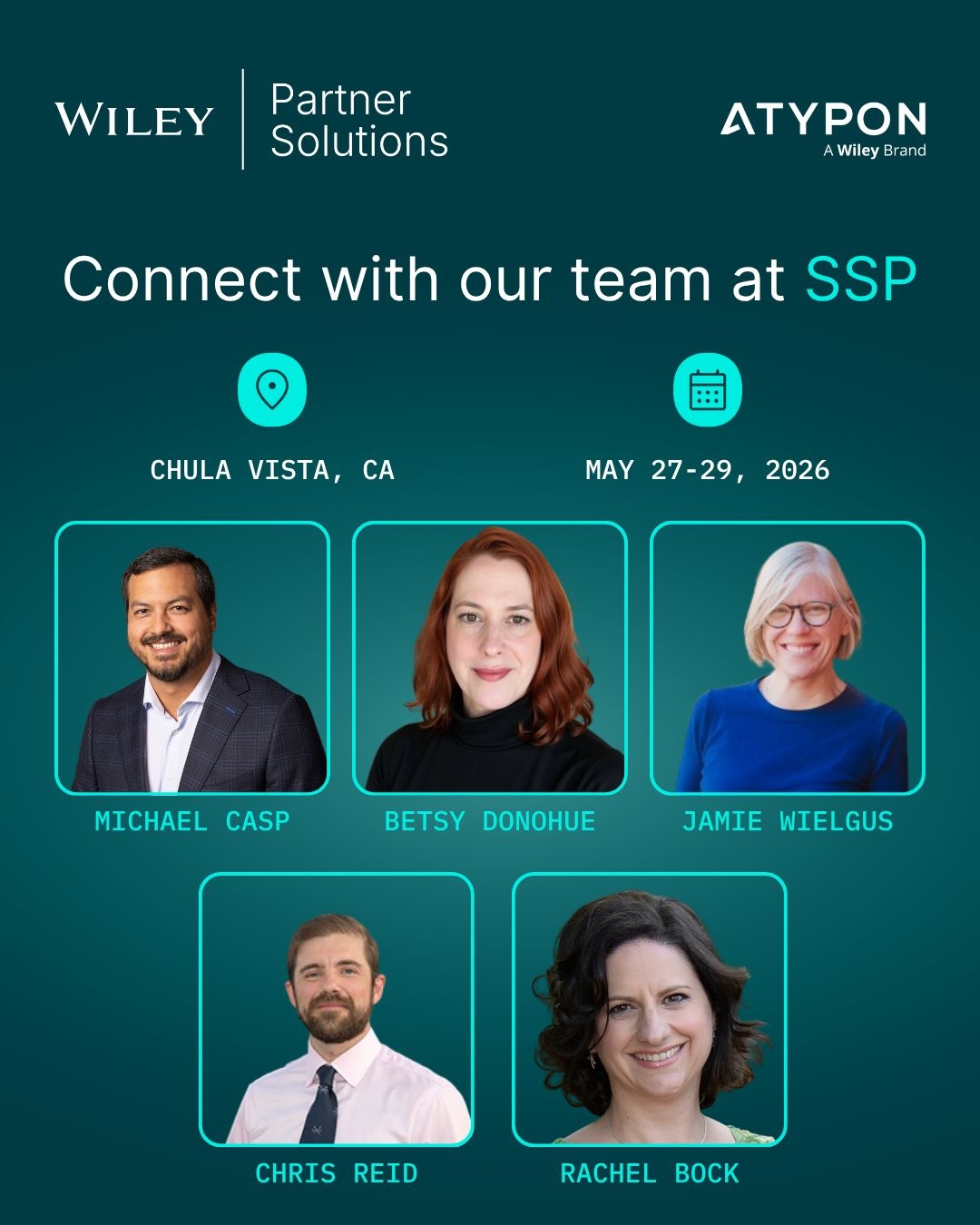 Atypon and Wiley Partner Solutions event graphic featuring Michael Casp, Betsy Donohue, Jamie Wielgus, Chris Reid and Rachel Bock