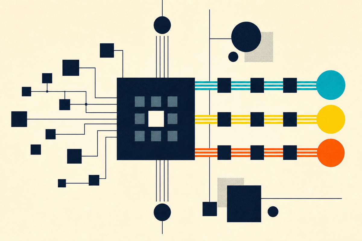 Abstract Swiss-style illustration of small modules joining a central platform across three colored capital lanes
