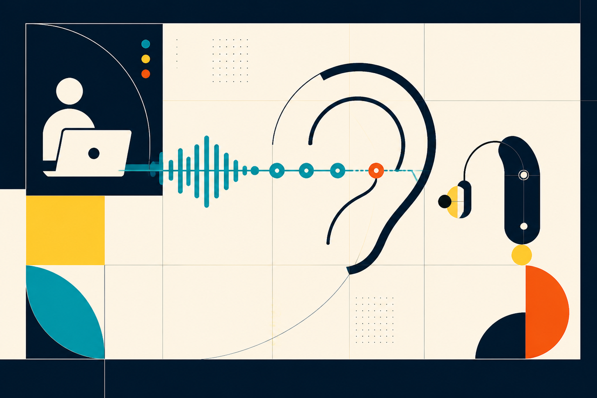 Abstract Swiss-style illustration of a digital consultation flowing through a sound wave to an ear and a hearing device
