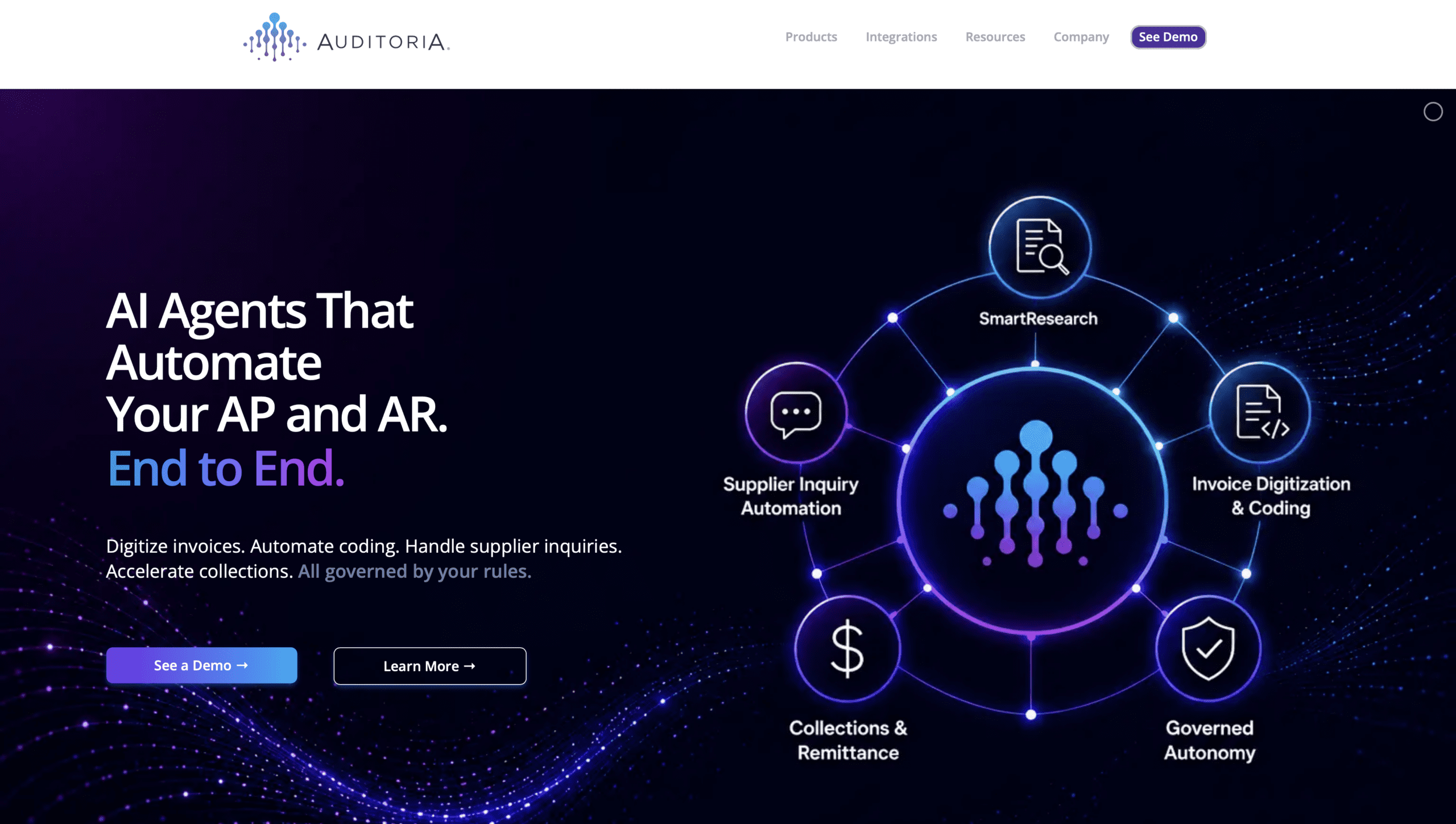 Auditoria.AI brand image showing its logo and the SmartBots product wheel for AP and AR automation