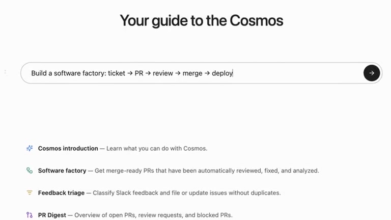 The Cosmos interface suggesting software-factory workflows from a natural-language request