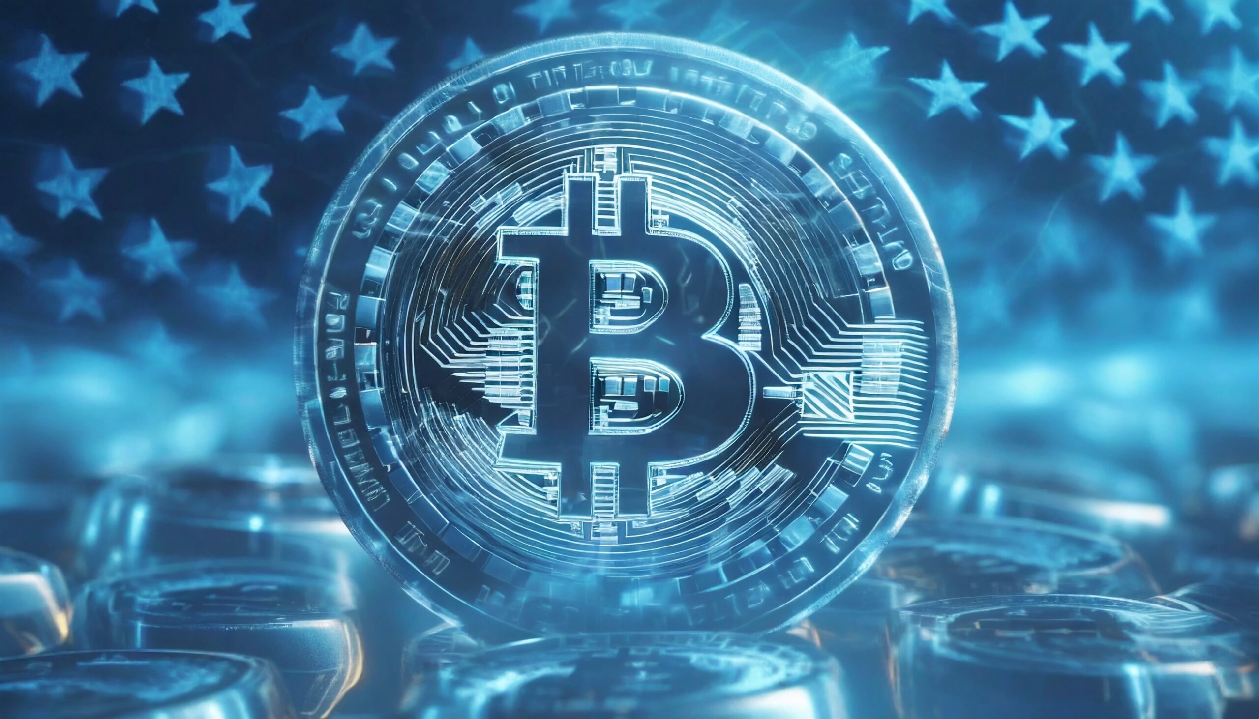 Auradine artwork showing a glass Bitcoin against an American flag