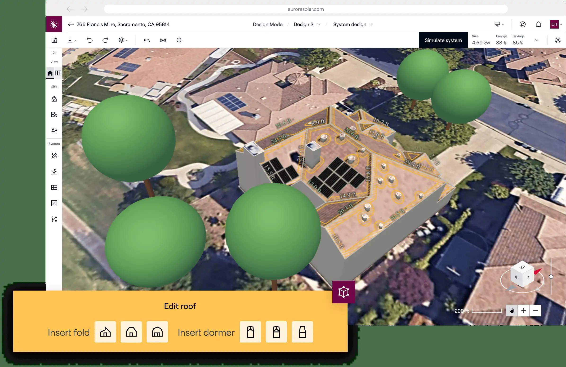 Aurora Design Mode showing a three-dimensional house roof, shading trees and solar panel placement