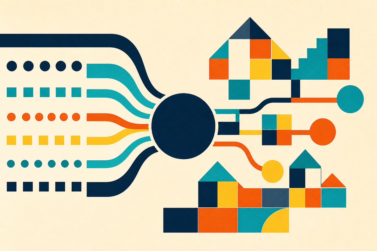 Abstract Swiss-style composition showing many streams pooling into one source and branching toward geometric homes and community nodes