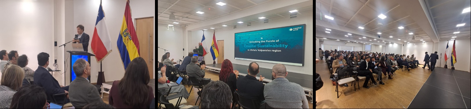 Three photographs of the Imperial Business School program in Chile, including a presentation on coastal sustainability in Valparaíso