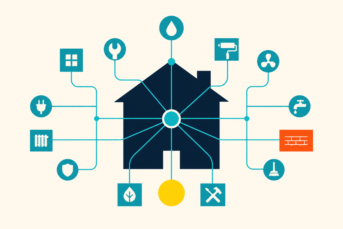 Abstract Swiss-style diagram of a house connected to many home-service symbols