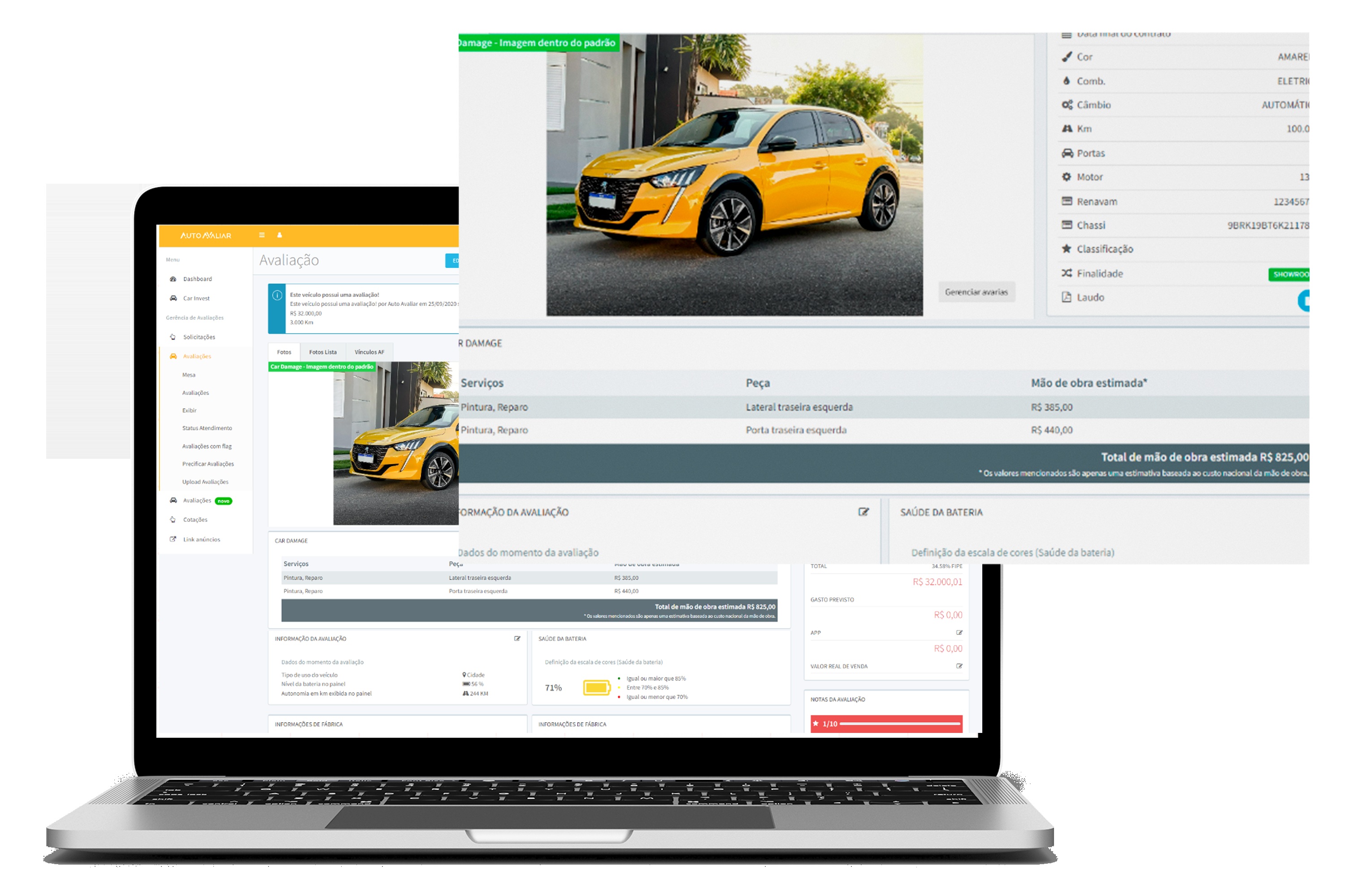 Auto Avaliar Car Damage promotional interface showing a yellow car, estimated repairs and battery-health information