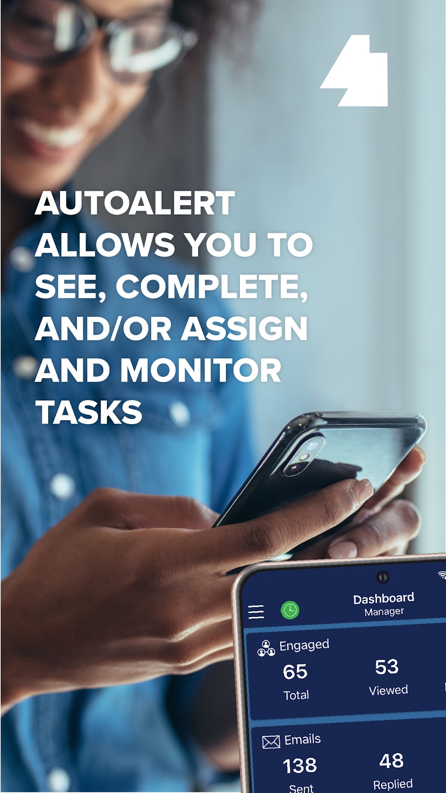 AutoAlert app promotional image showing mobile task management and part of a manager dashboard