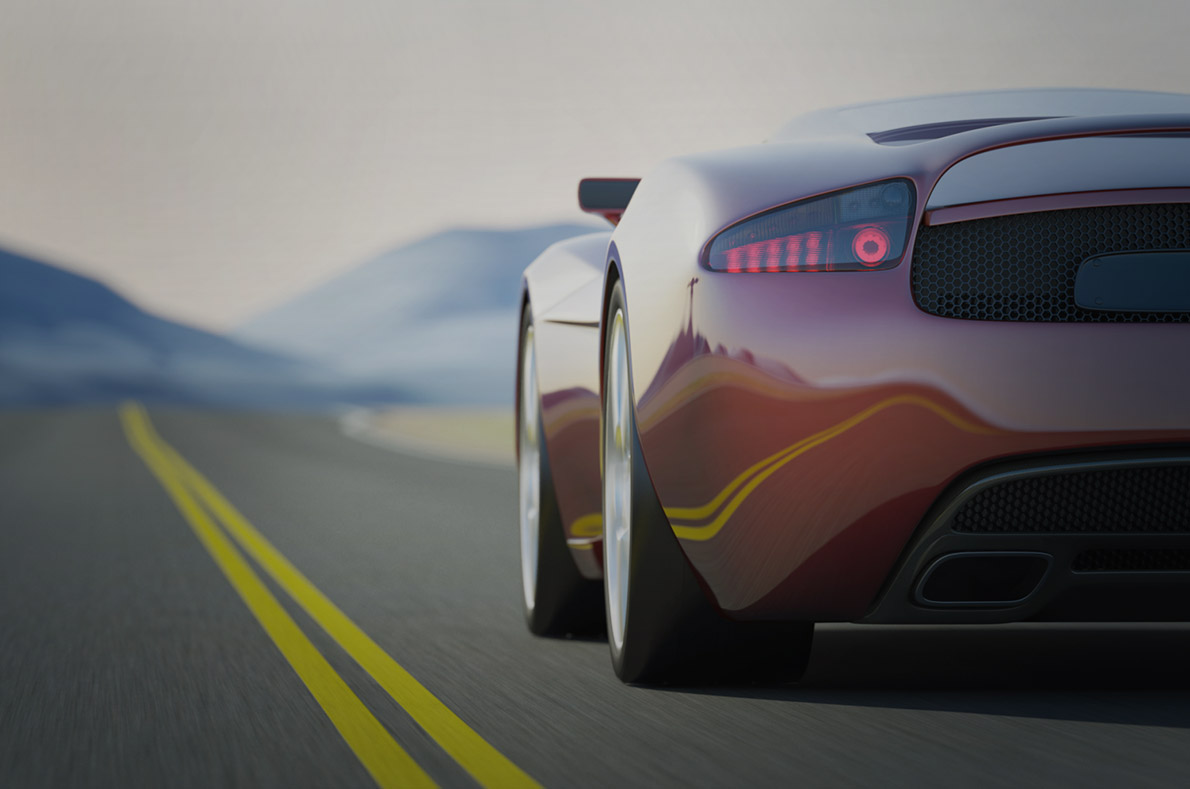 Illustrative sports car on an open road from HGGC’s AutoAlert portfolio