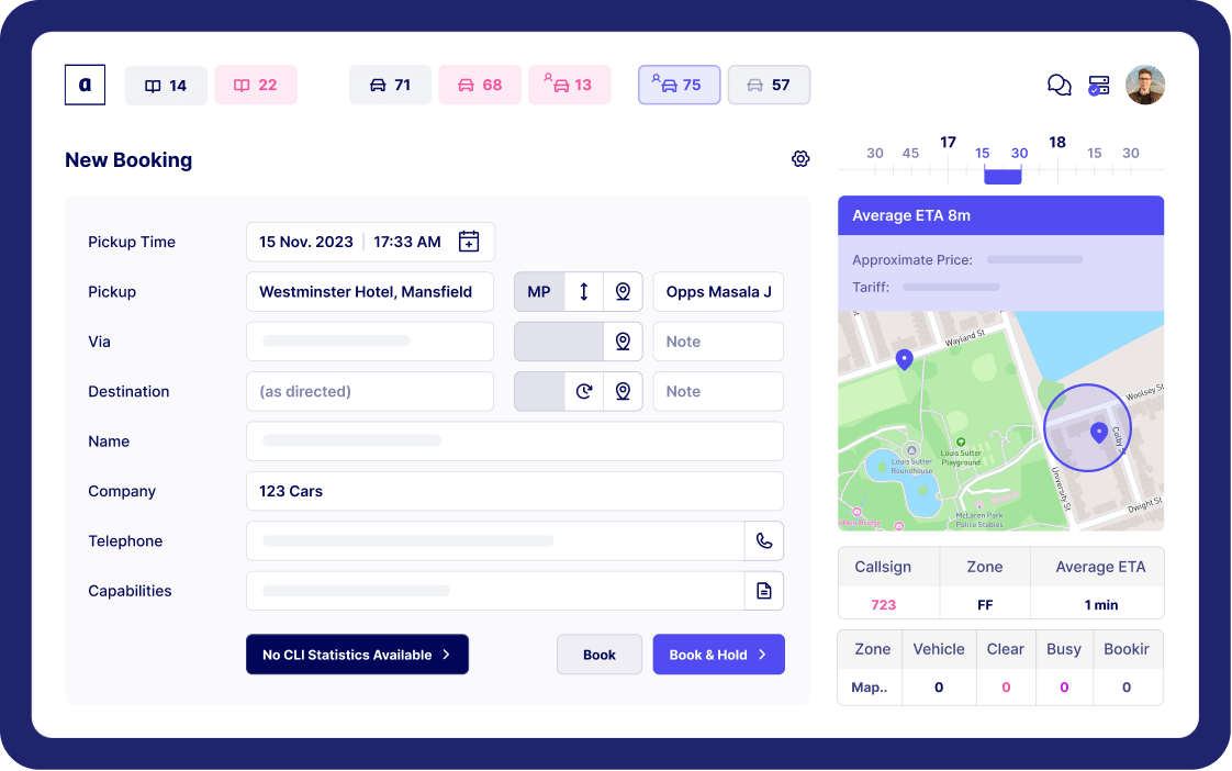 Autocab booking interface showing pickup details, vehicle availability and a map