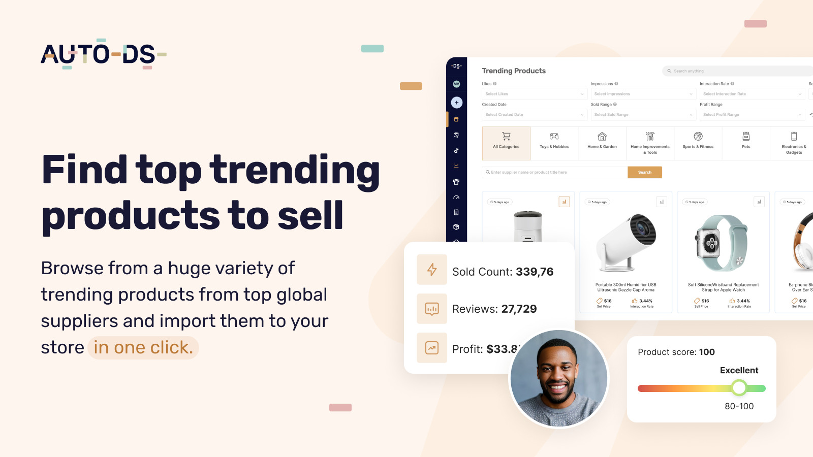 AutoDS product research interface showing trending products and product metrics
