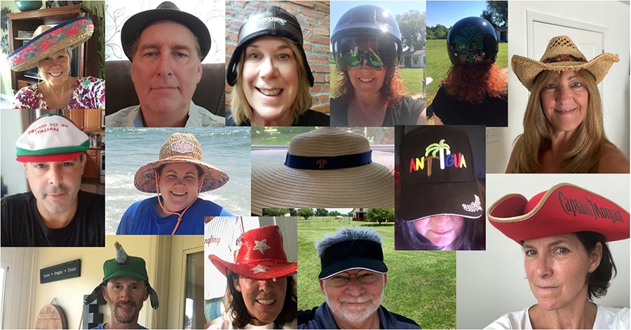 AFS employees wearing assorted hats for a remote Crazy Hat Day celebration