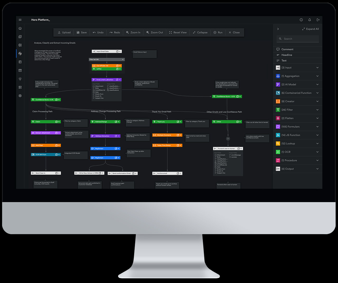 Hero Platform visual workflow editor with branching email automation paths