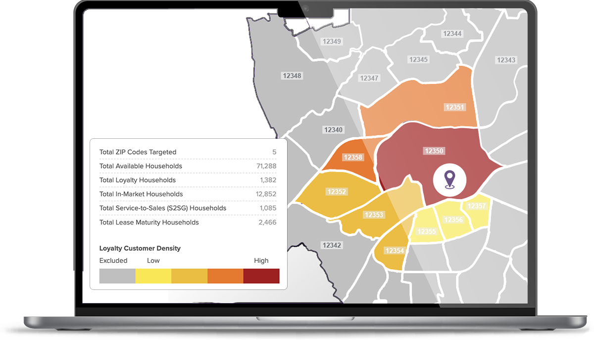 Acquire product screenshot displaying dealership market opportunities on a map