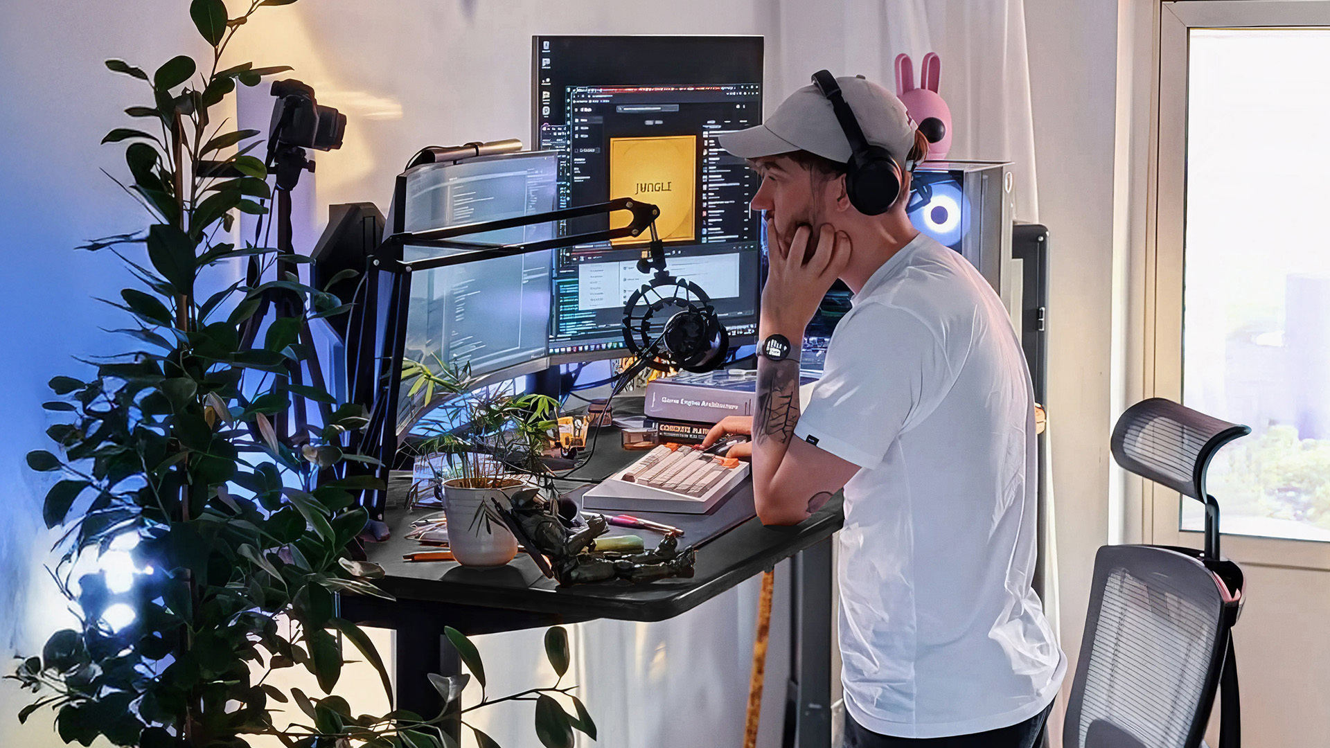 A person working at an Autonomous SmartDesk in a home studio