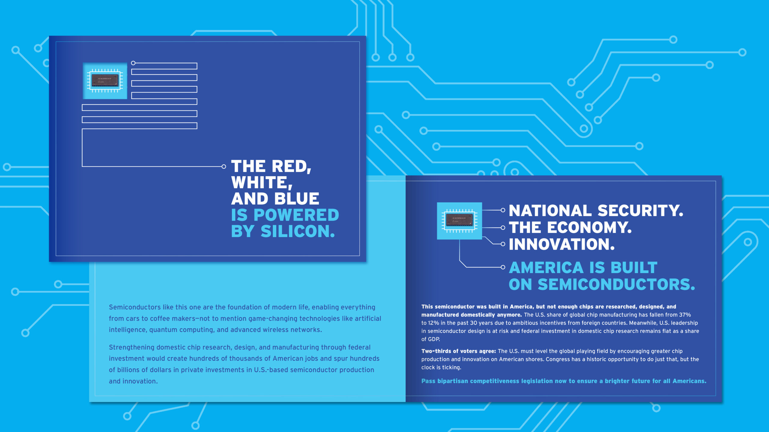 Built on Semiconductors campaign mailer with a physical semiconductor and policy message