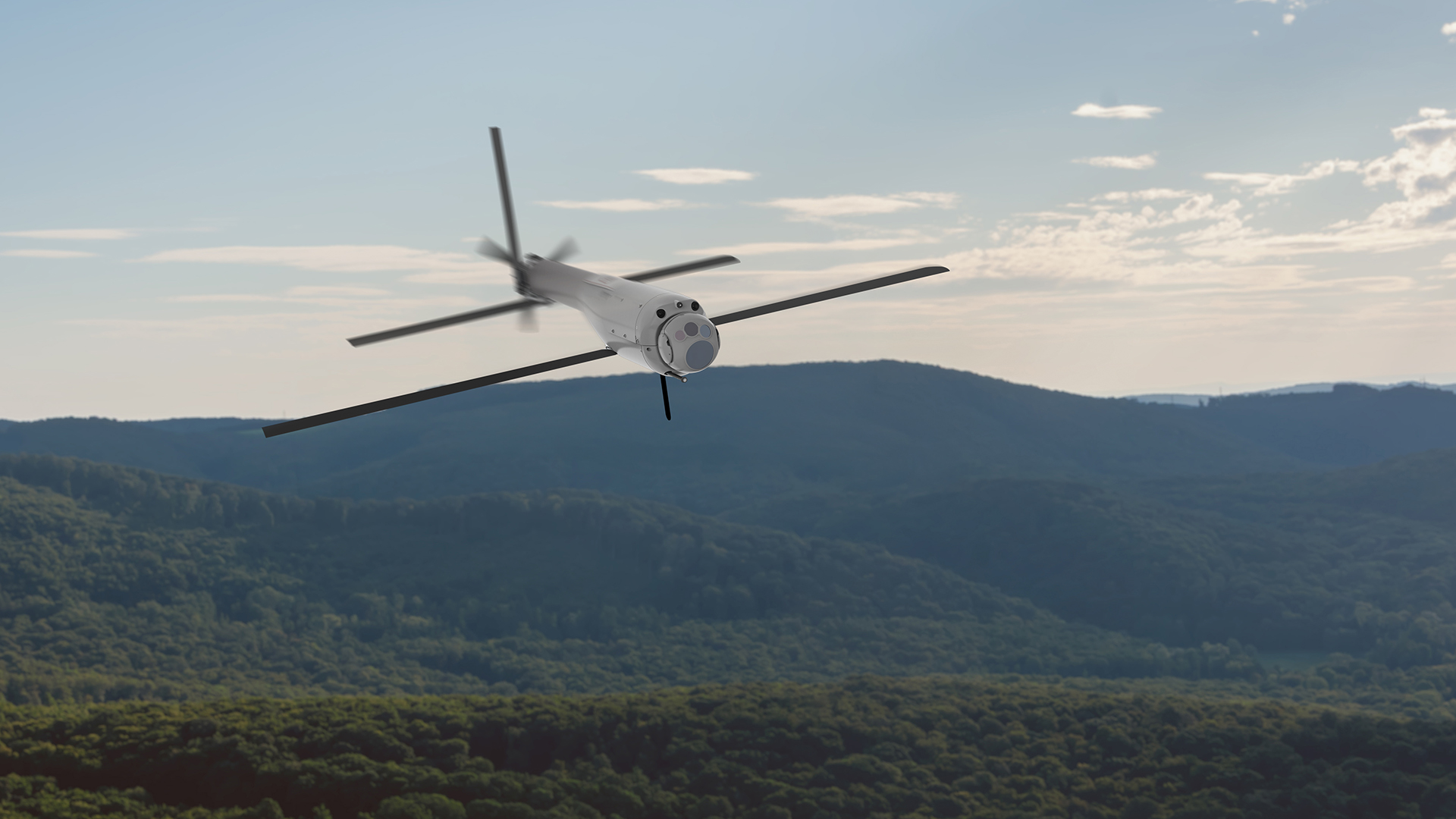 Company illustration of a Switchblade 600 flying above wooded hills