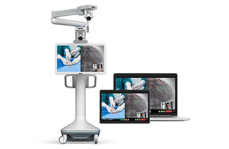 Avail Medsystems telepresence console beside remote laptop and tablet views