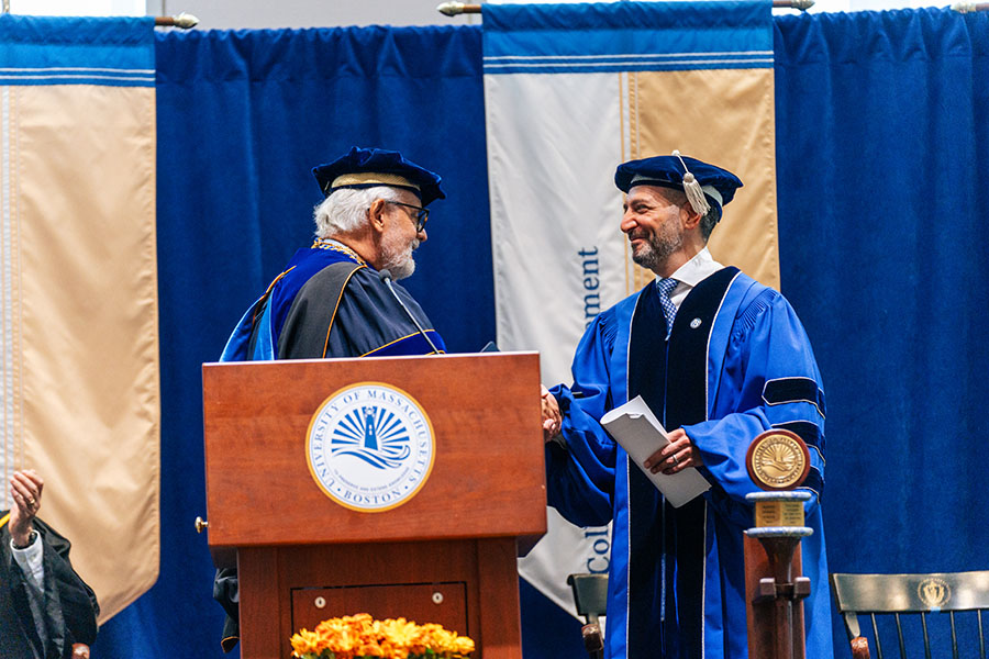 Avak Kahvejian with UMass Boston Chancellor Marcelo Suárez-Orozco at convocation