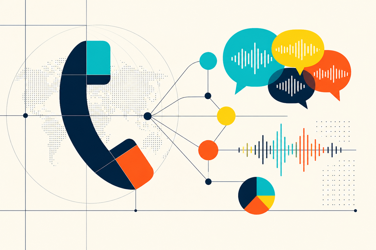 Abstract Swiss-style illustration of a telephone, global network and conversation waveforms