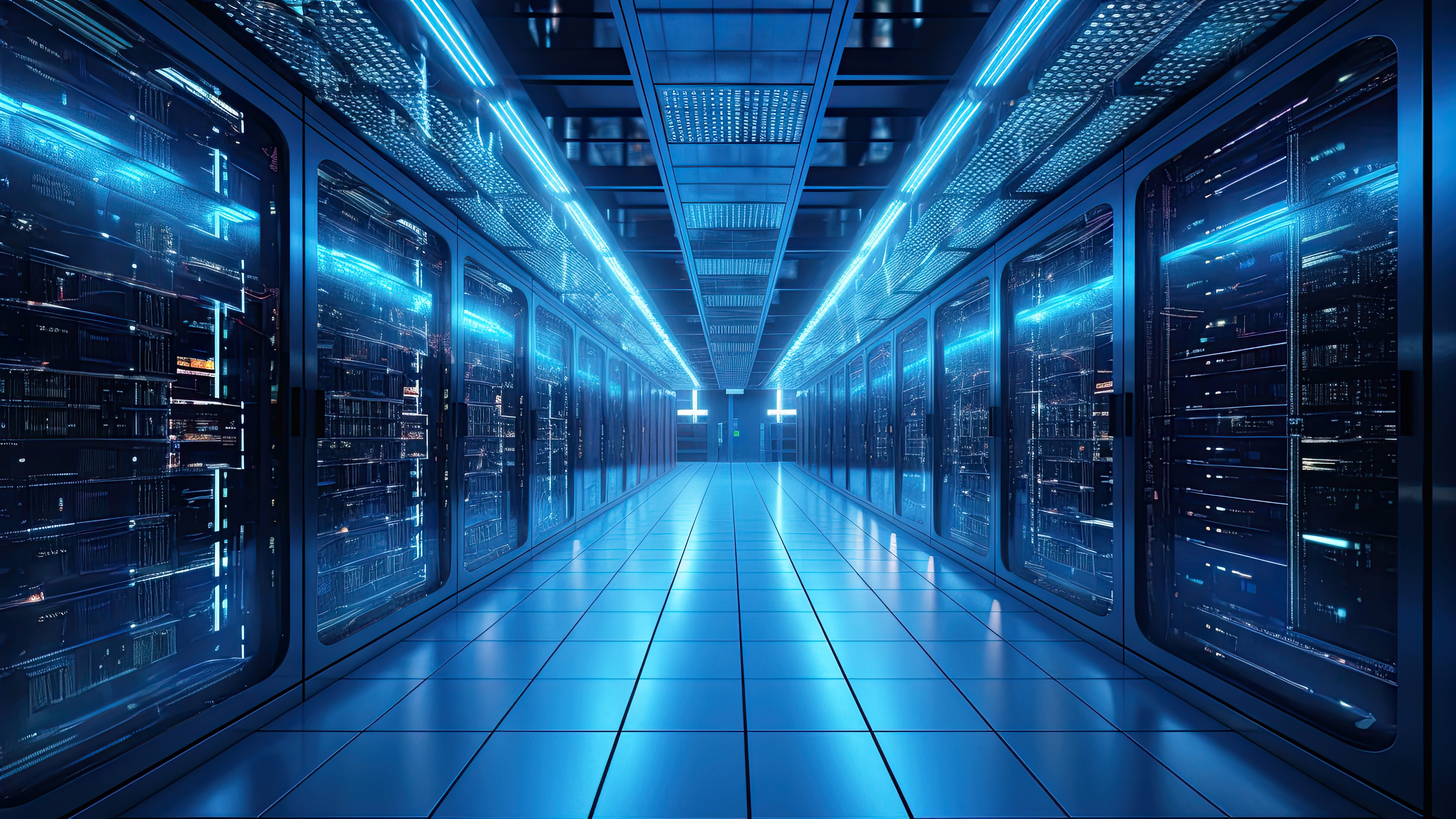 A blue-lit aisle of server racks used in Avatara's public imagery
