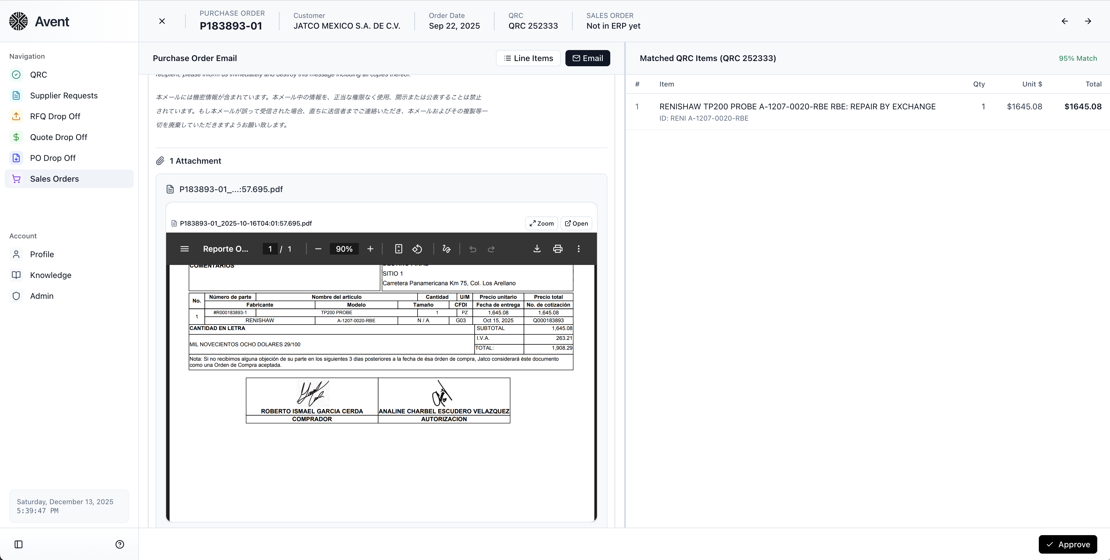 Avent order review interface showing the original purchase order beside matched line items