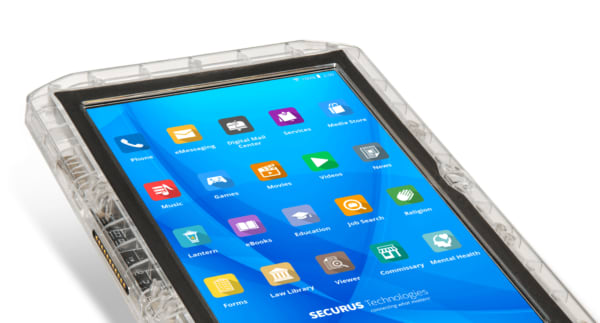 Securus tablet with a transparent protective case and apps for books, messaging, forms and other services