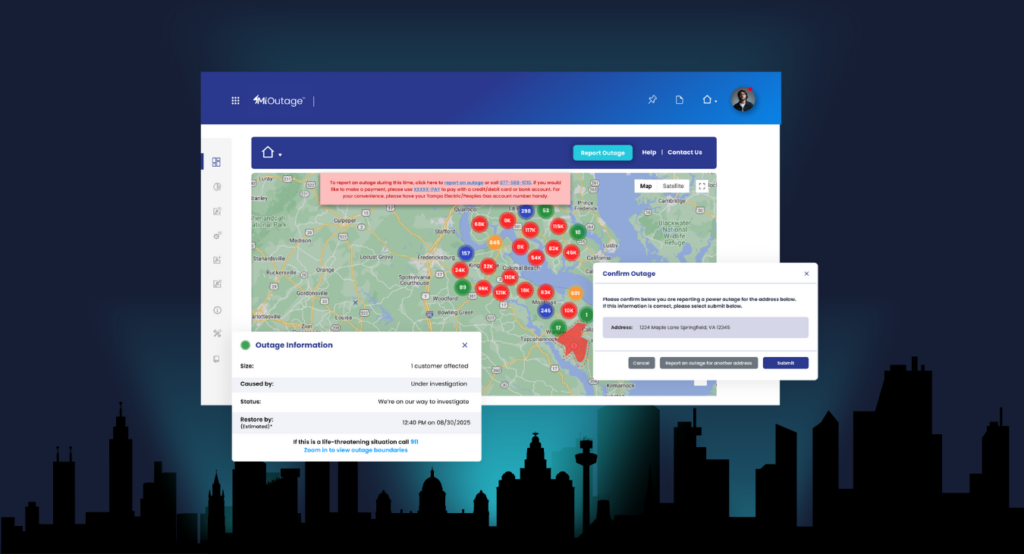 Avertra’s published MiOutage product illustration showing an outage map and information panels