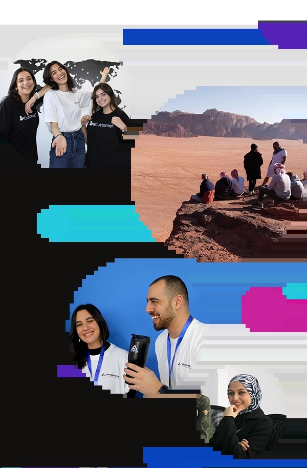 Avertra’s workplace collage featuring employees collaborating and spending time together
