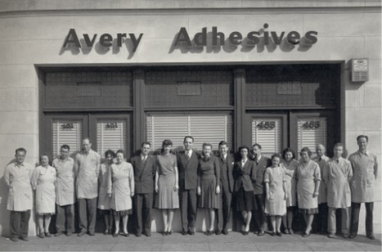 Stan Avery and 19 employees outside the Avery Adhesives building in 1940.