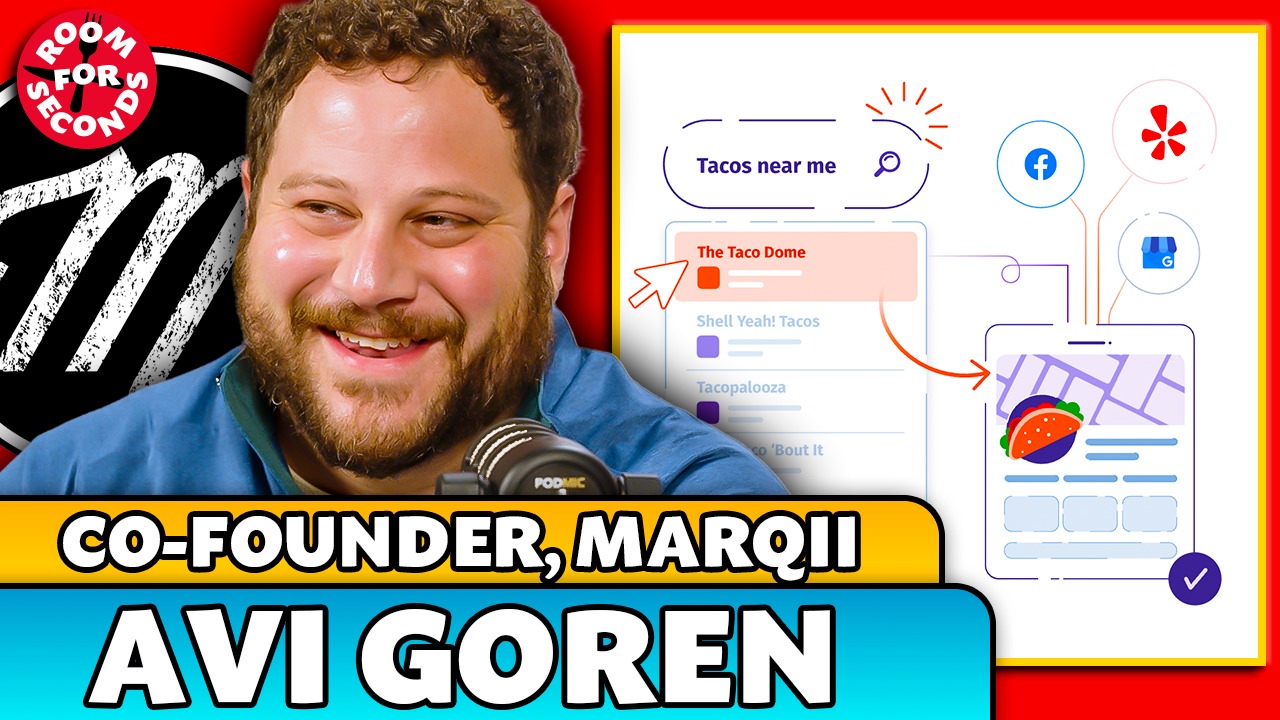 Avi Goren speaking into a microphone beside an illustration of digital restaurant discovery