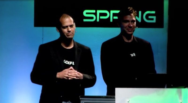 Avi Lele and Dan Schatt presenting Stockpile onstage at FinovateSpring 2014