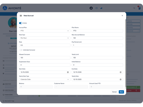 Avionté product screenshot showing an accrual setup form in a talent record