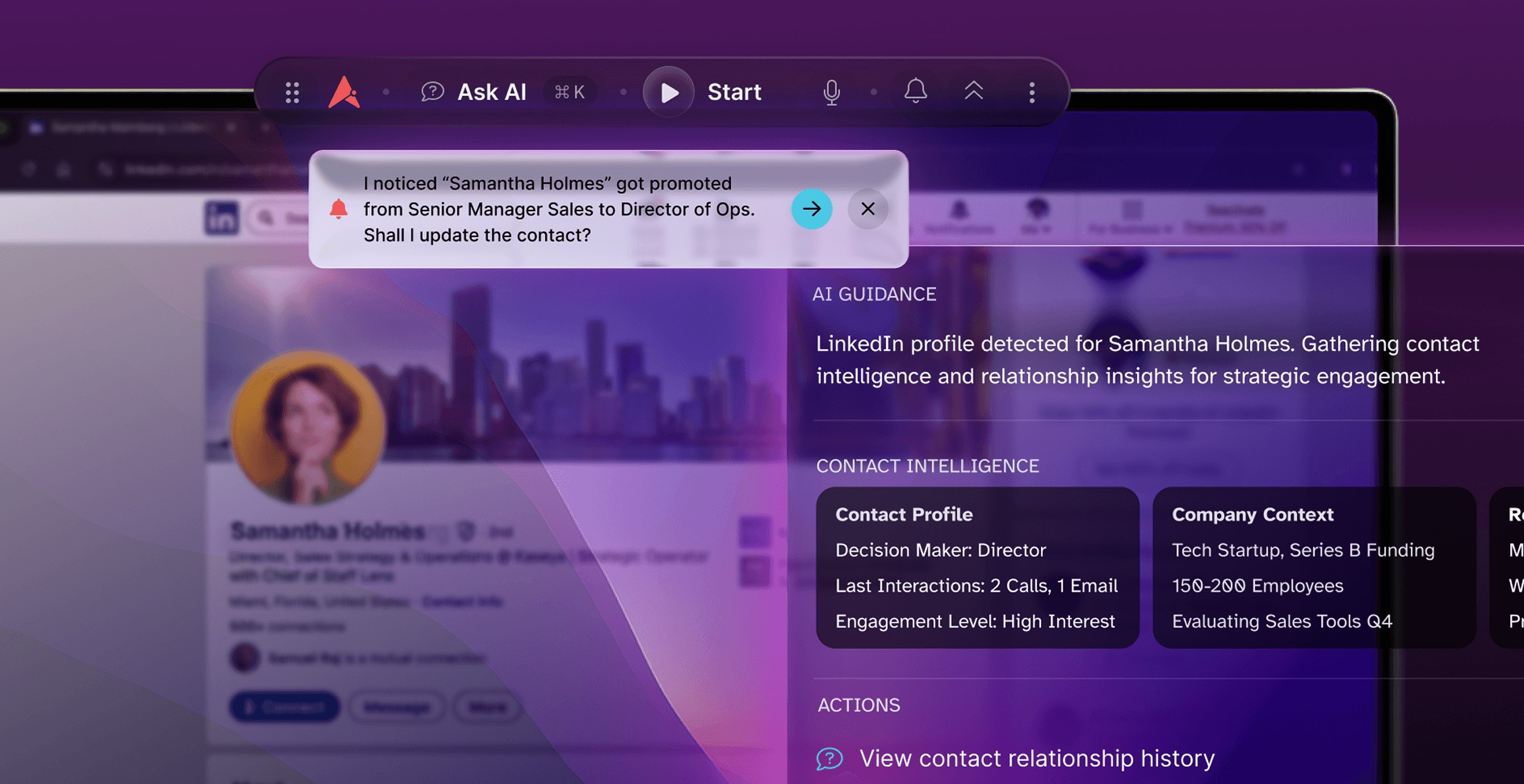 Aviso Halo overlay showing an AI prompt alongside a sales application