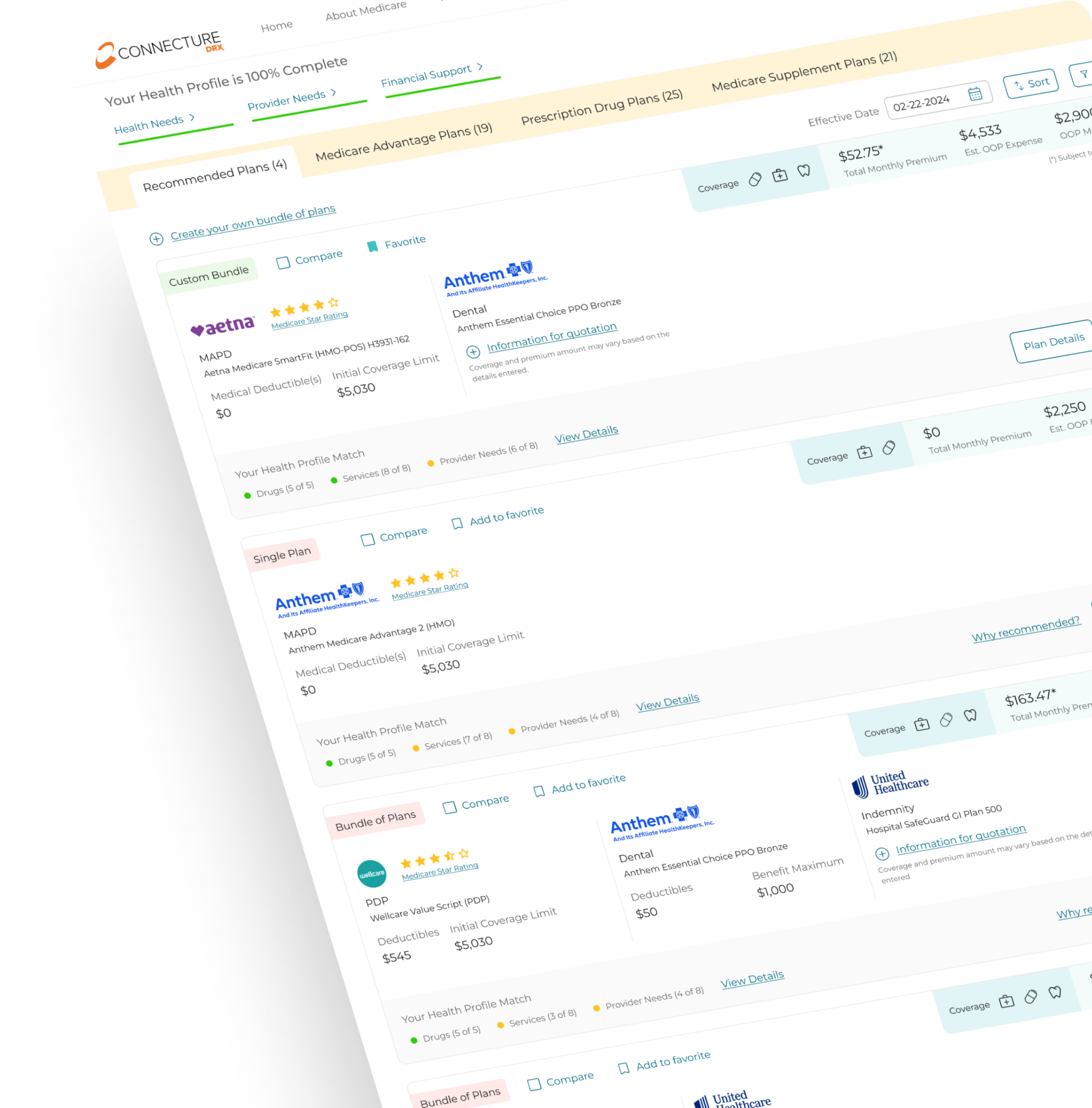 AVIZVA’s Connecture product illustration showing Medicare plan comparisons and recommendations