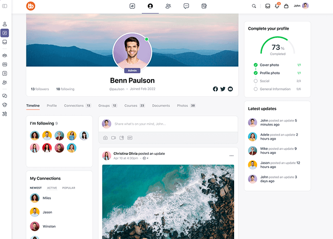 BuddyBoss interface showing community activity, navigation, and member content