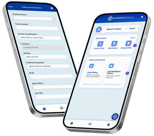 Axiom Medical app product rendering showing incident submission and employee home screens
